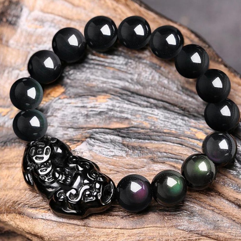 Natural Rainbow Obsidian Beaded Bracelet Pi Yao Charm Feng Shui Pixiu Bracelet